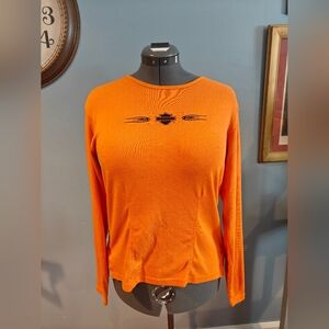 Harley Davidson Side Button Orange Embroidered Long Sleeve Shirt Size M/L